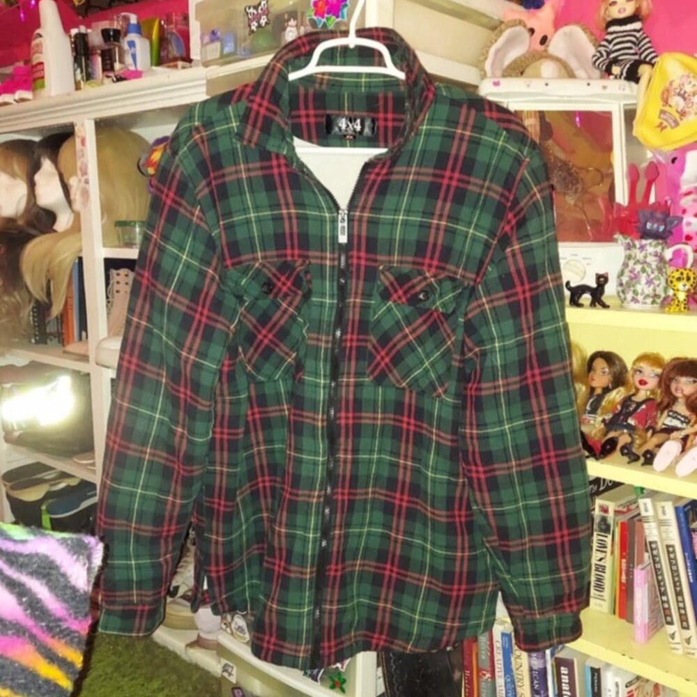 Dark green & red plaid windbreaker